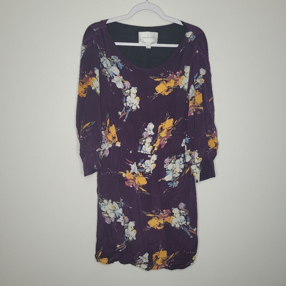 Amour Vert Purple 100% Silk Arabelle Soirée Purple Floral Blouson Short Dress L - Picture 2 of 7